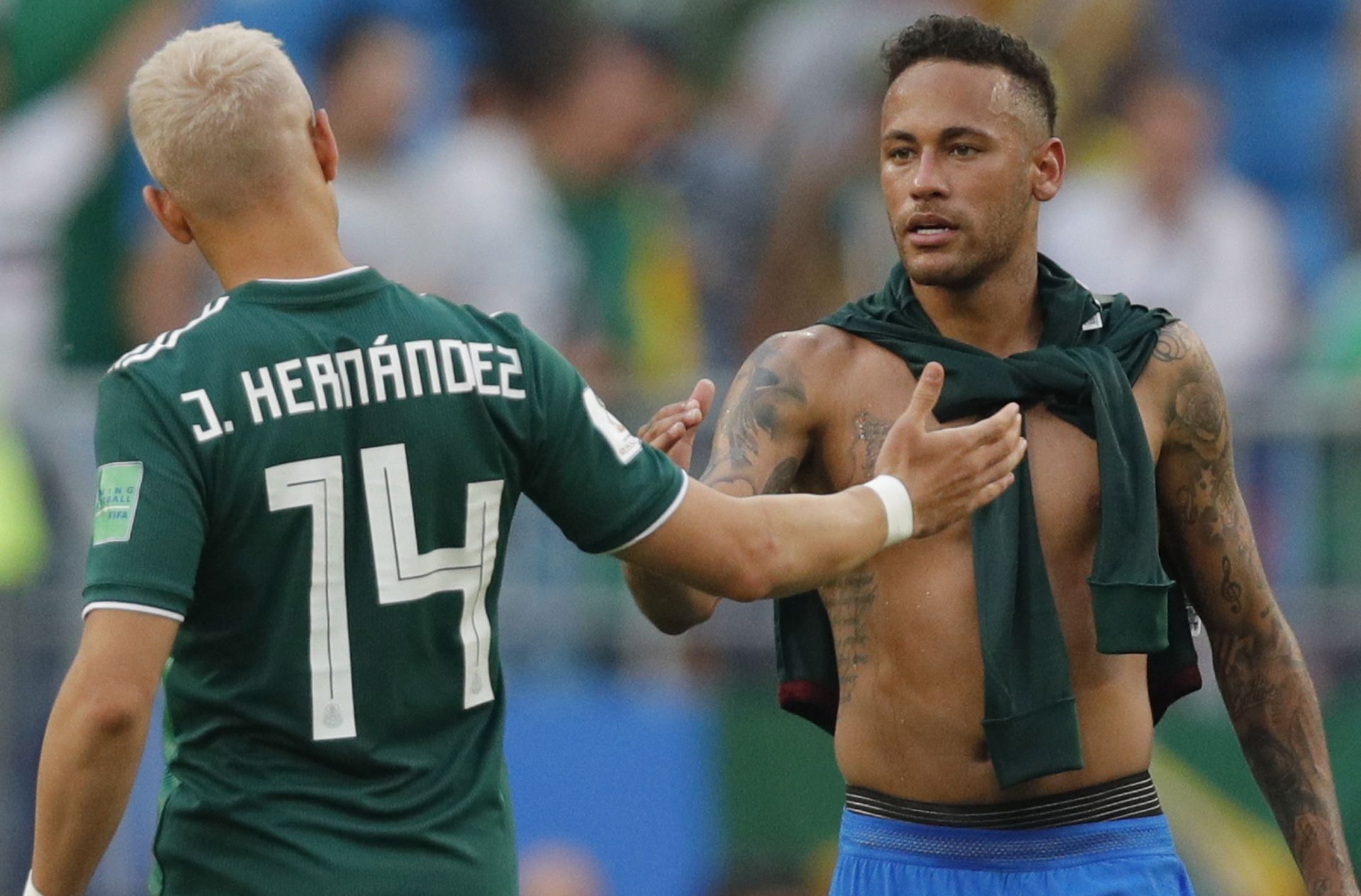  Neymar (R) of Brazil and Javier Hernandez of Mexico shake hands after the FIFA World Cup 2018 round of 16 soccer match between Brazil and Mexico in Samara, Russia, 02 July 2018. Brazil won the match 2-0.